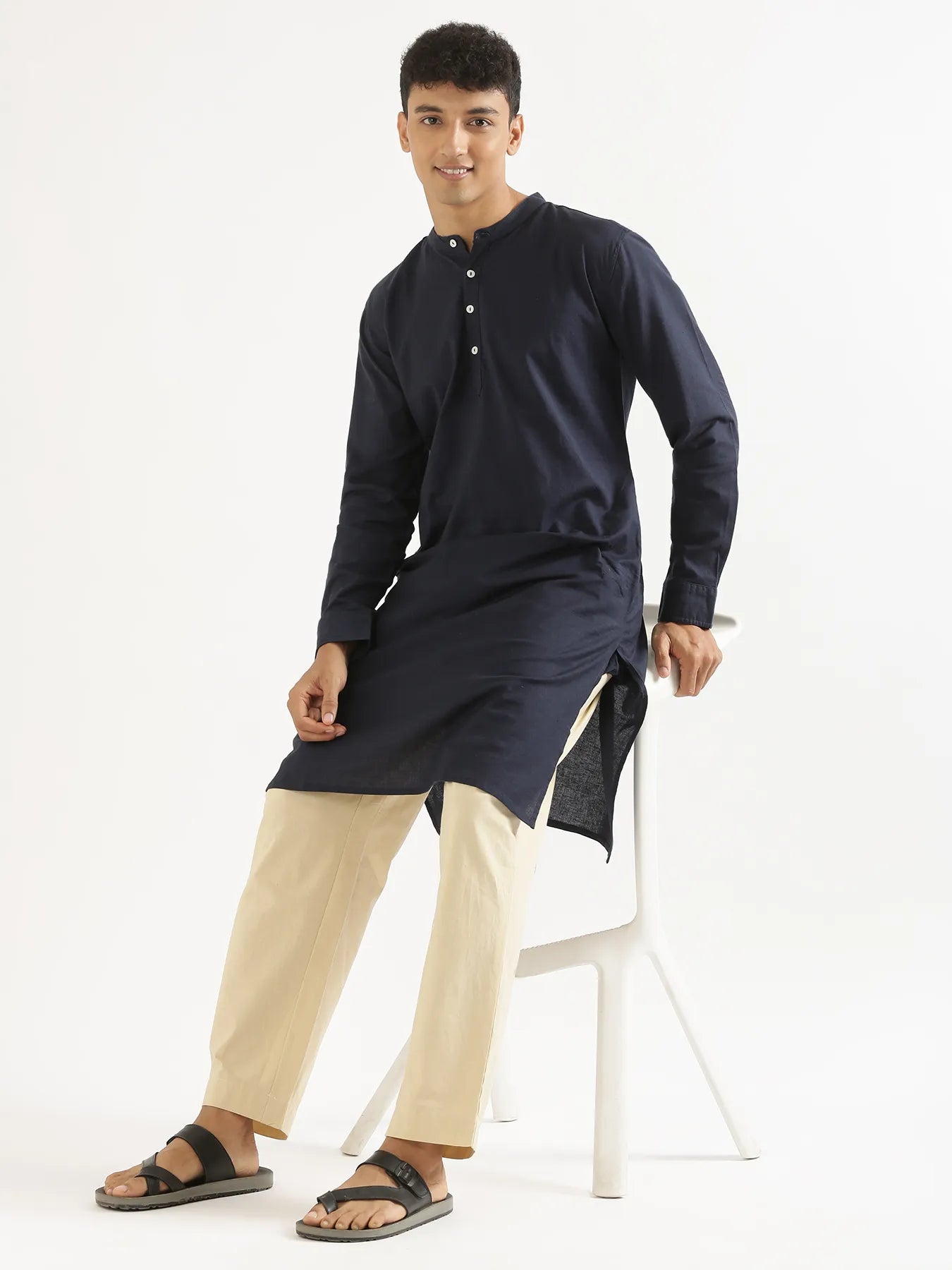 Men Navy Blue Airy Linen Long Kurta
