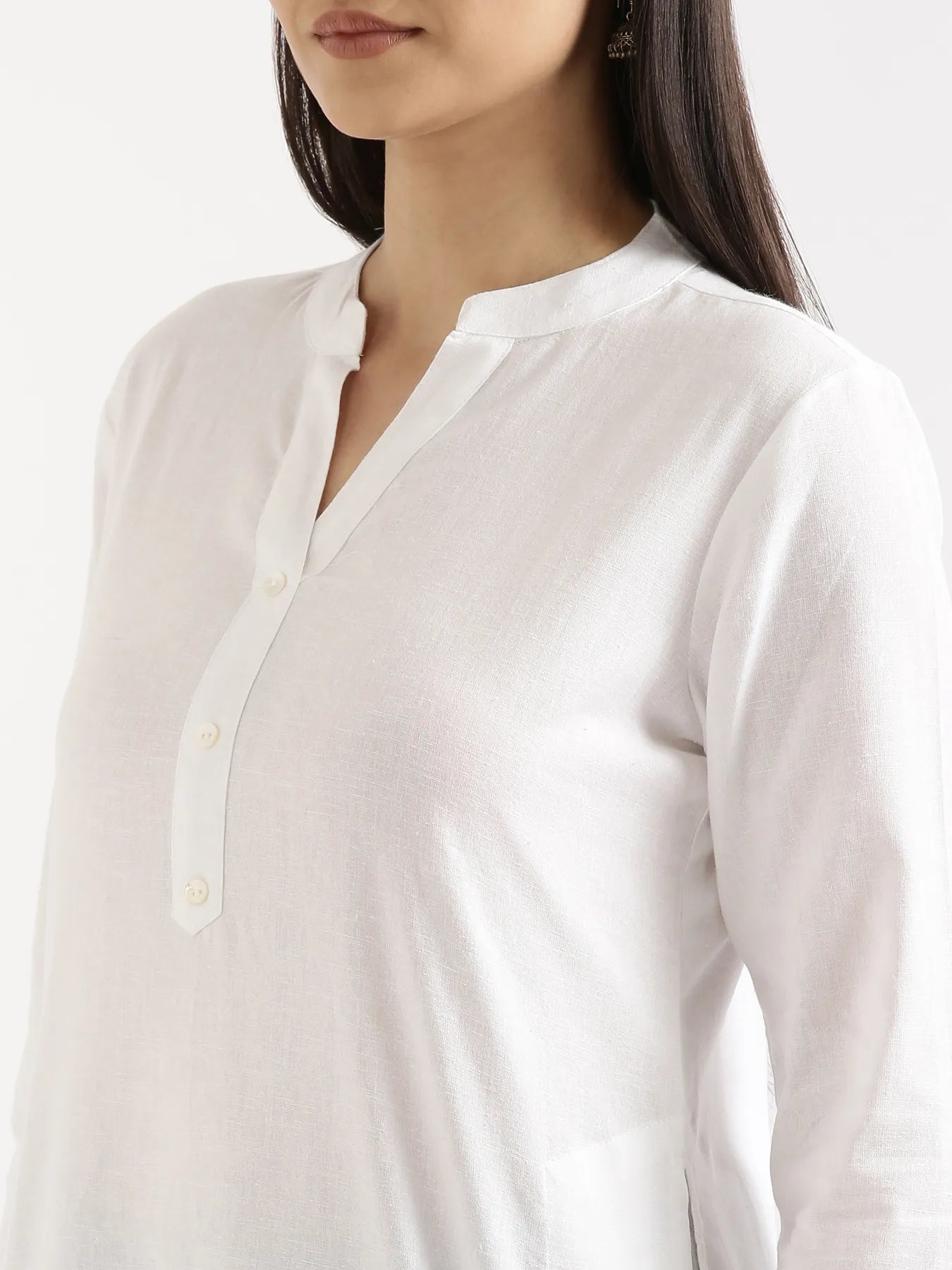 Women White Airy Linen Long Kurta & English Blue Viscose Palazzo Pant Set