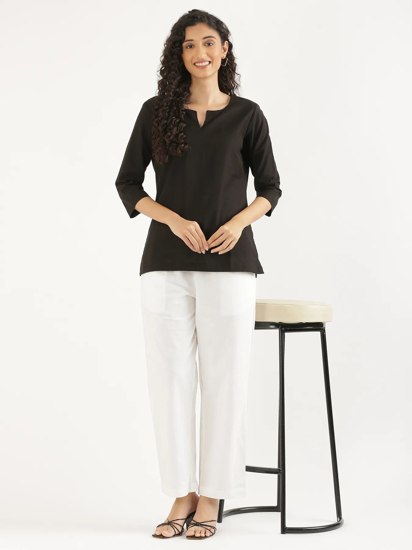 Women Black Airy Linen Split Neck Short Kurta