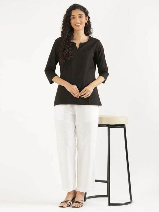 Women Black Airy Linen Split Neck Short Kurta