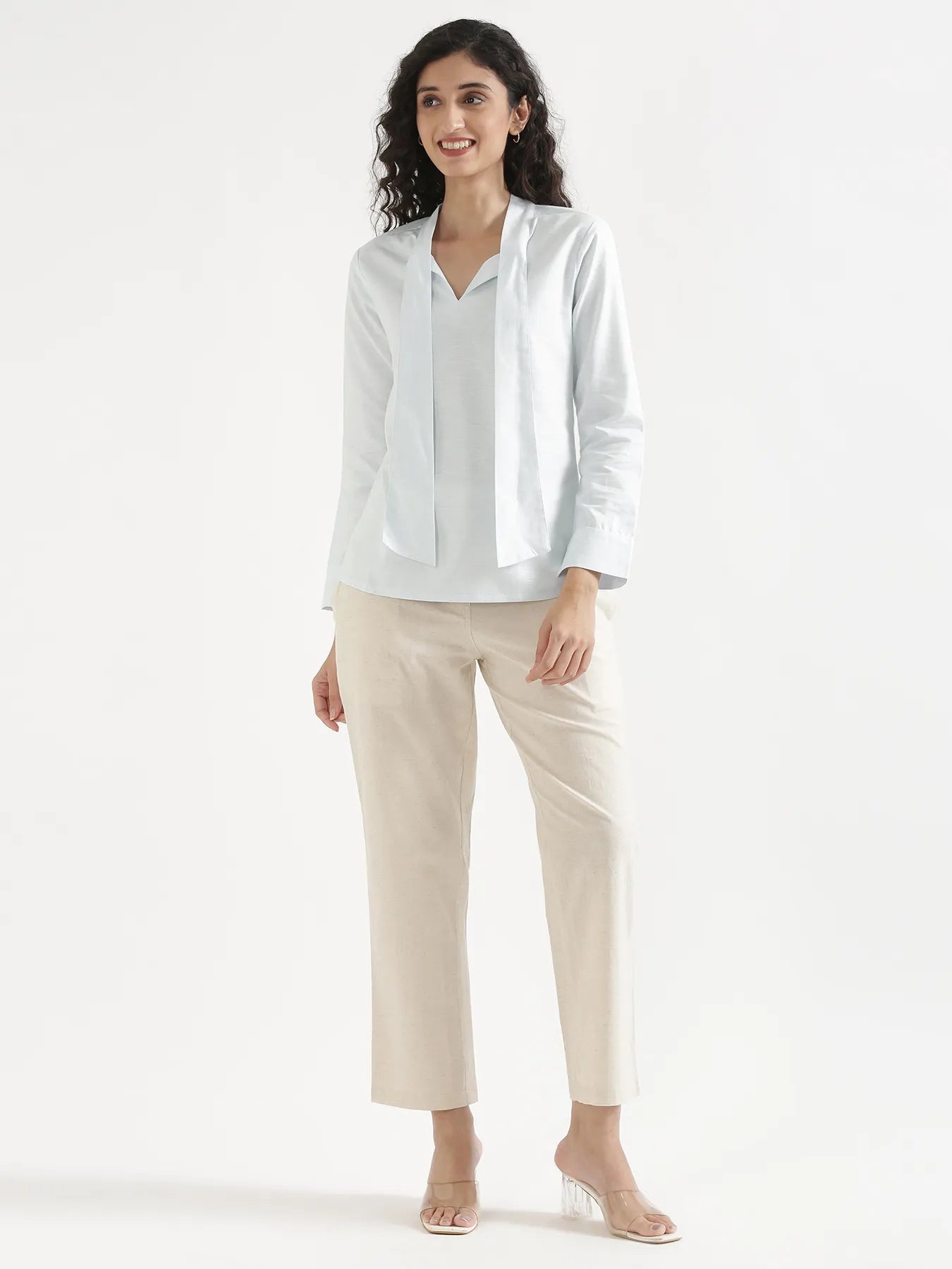 Women Powder Blue Linen Blend Knot Blouse