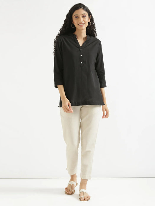 Women Black Airy Linen Short Kurta