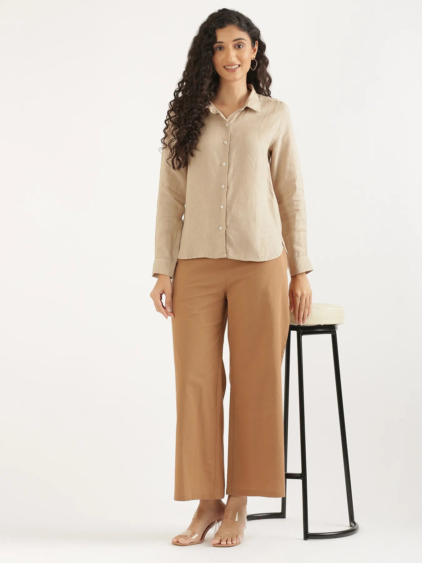 Women Taupe Pure Linen Shirt