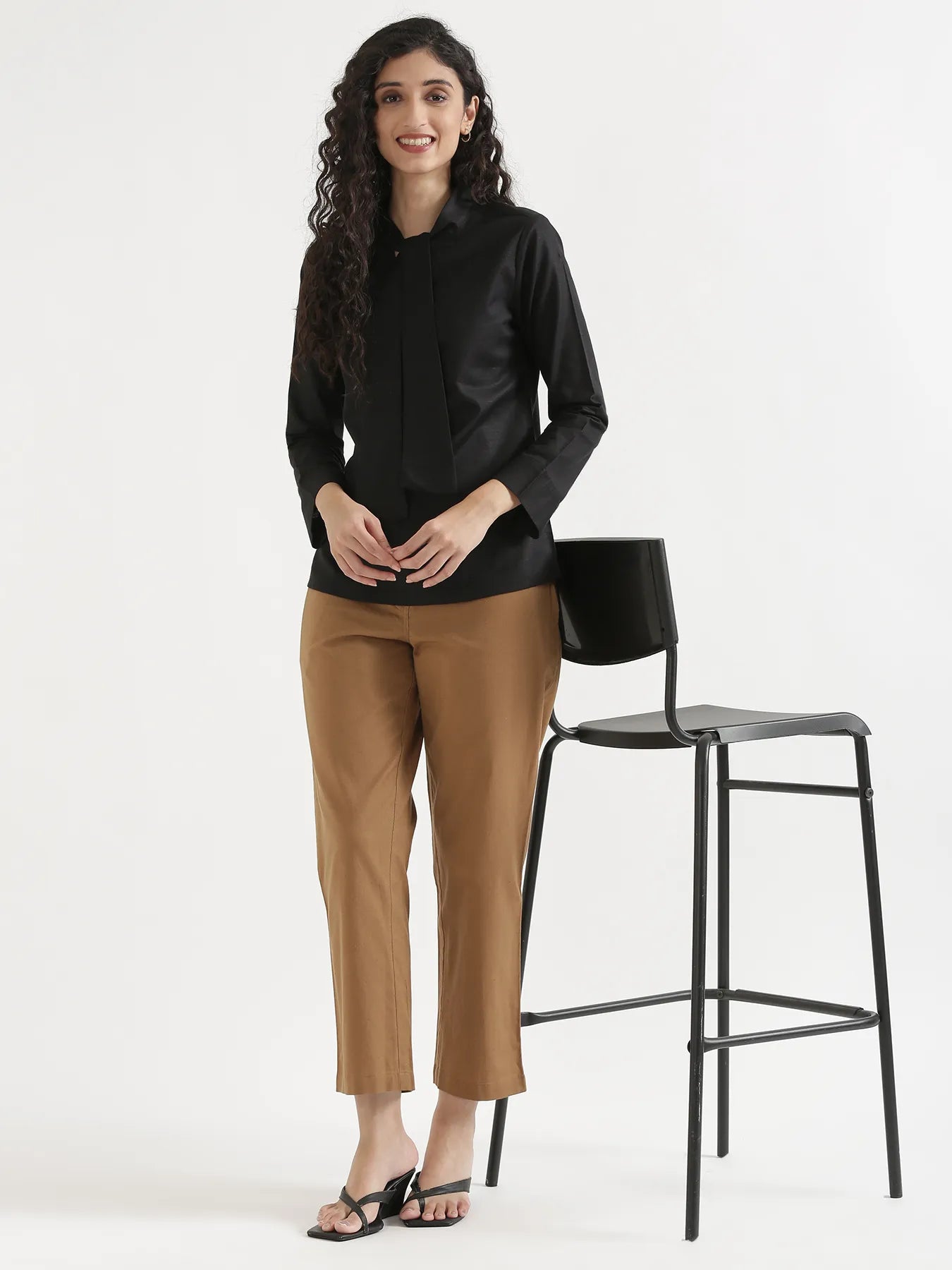 Women Black Linen Blend Knot Blouse