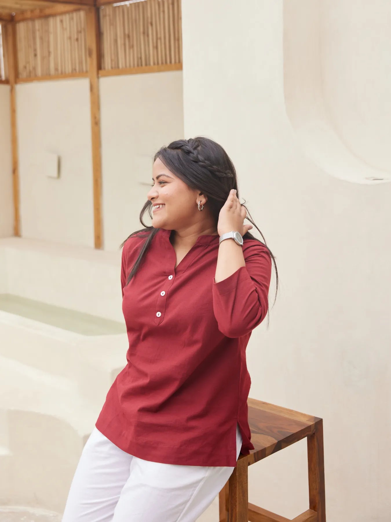 Maroon Short Kurta with White Cotton Pant