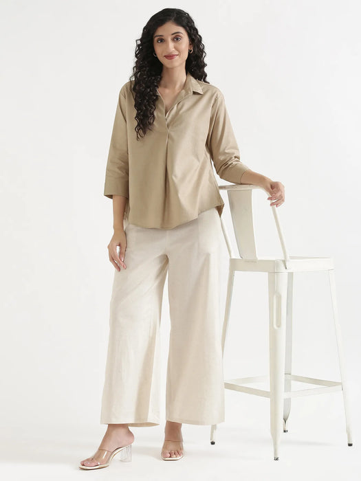 Women Taupe Linen Blend Pleated Top