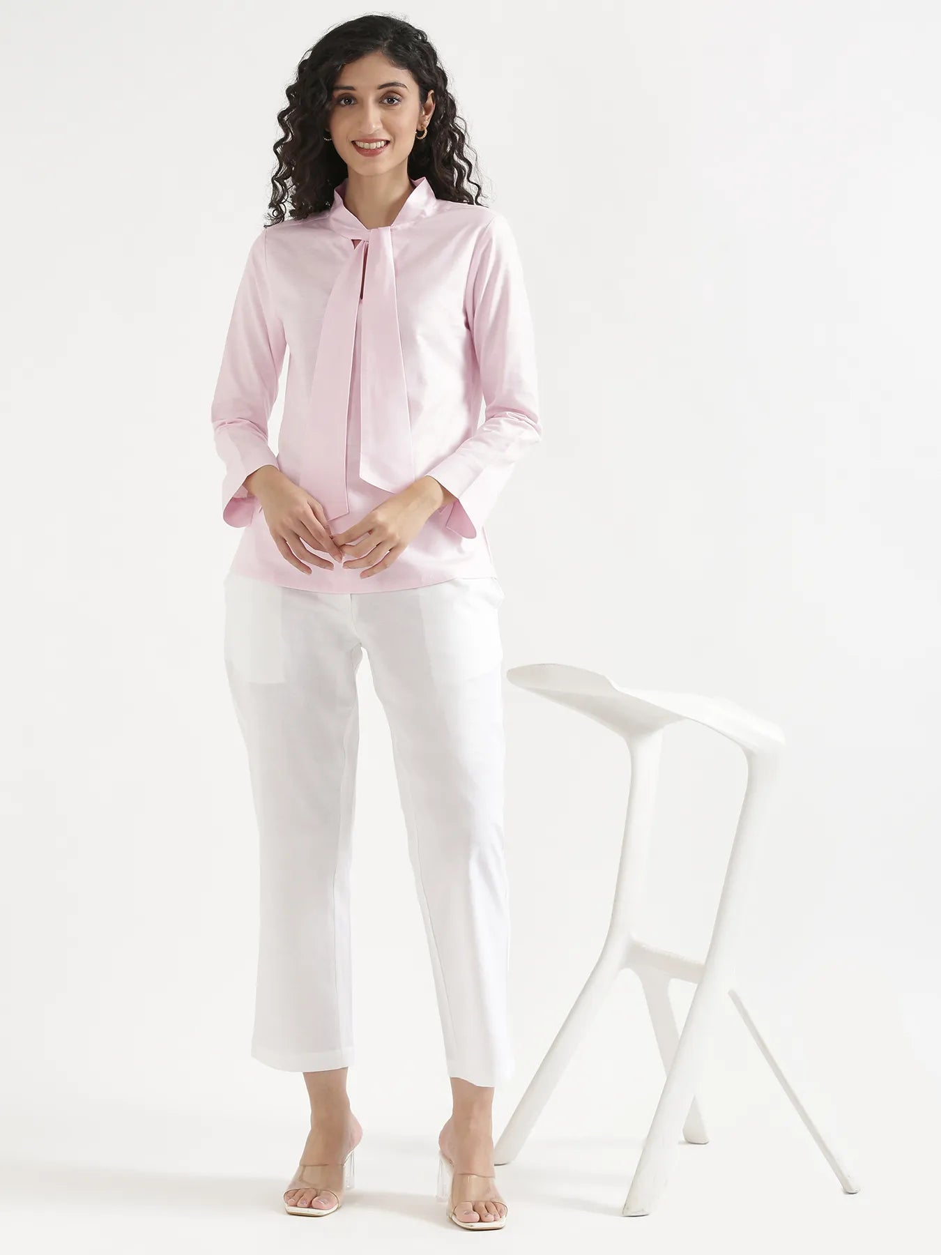 Women Blush Pink Linen Blend Knot Blouse & White Airy Linen Straight Pants Pant Set