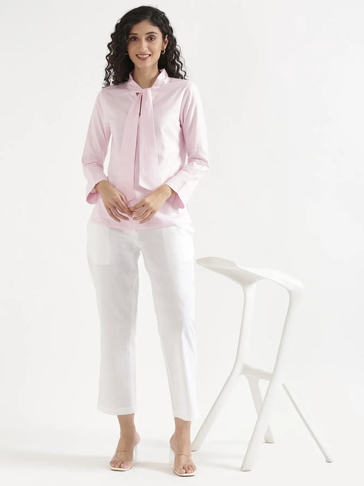 Women Blush Pink Linen Blend Knot Blouse & White Airy Linen Straight Pants Pant Set