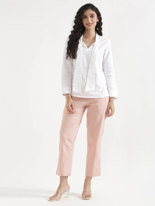 Women White Linen Blend Knot Blouse