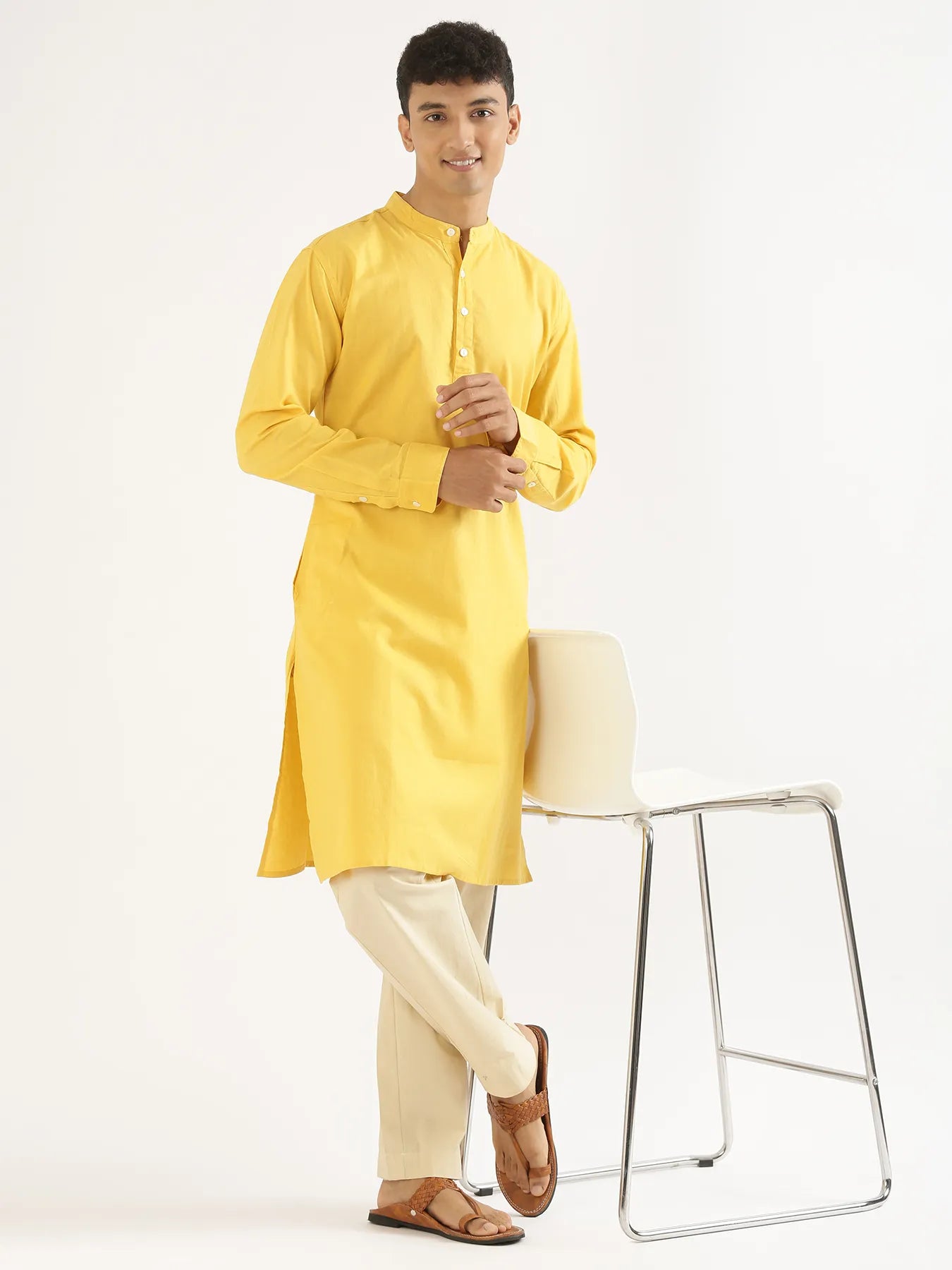 Men Yellow Airy Linen Long Kurta