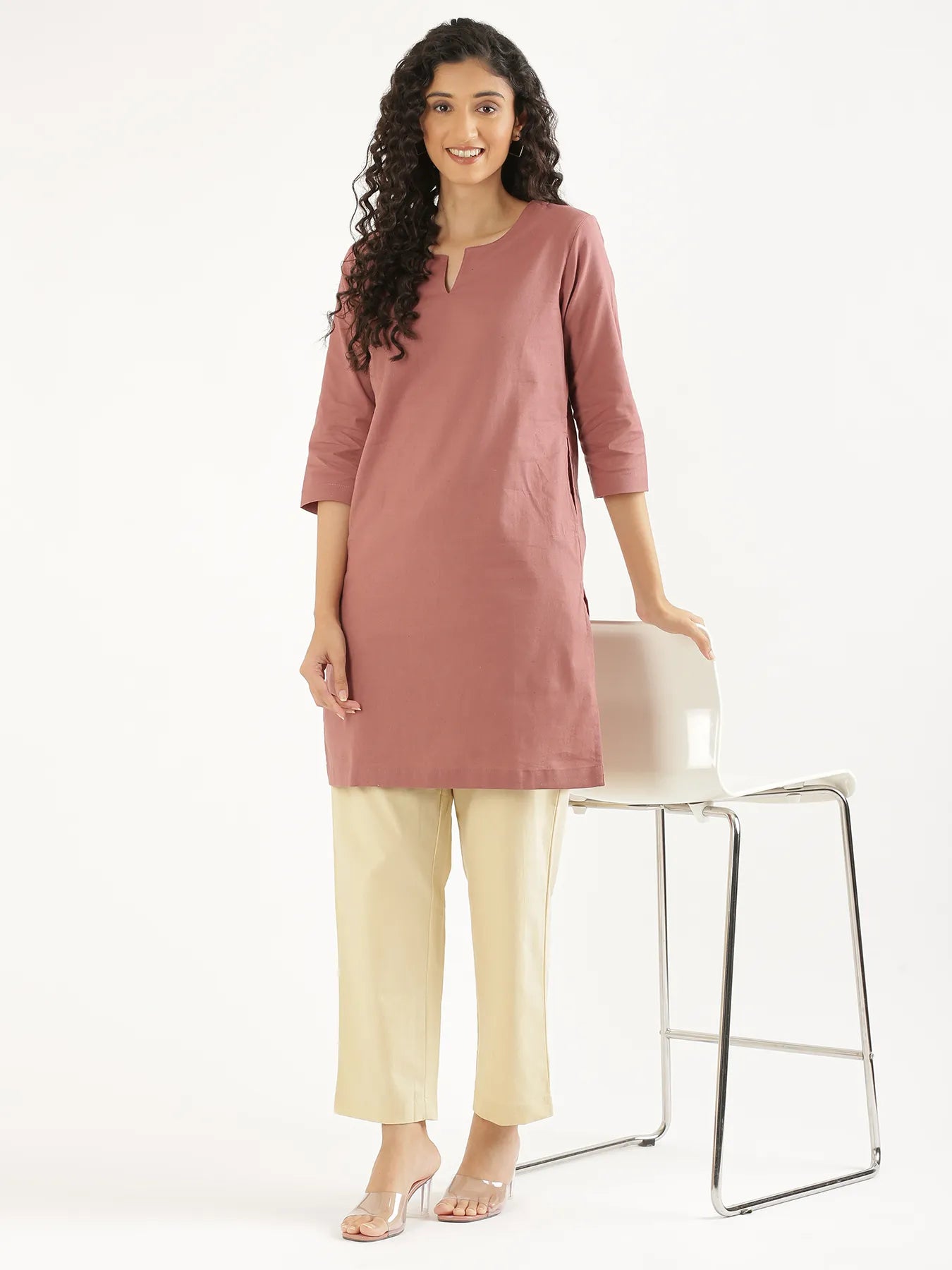 Women Rose Taupe Airy Linen Mid Thigh Length Kurta