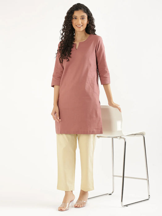 Women Rose Taupe Airy Linen Mid Thigh Length Kurta