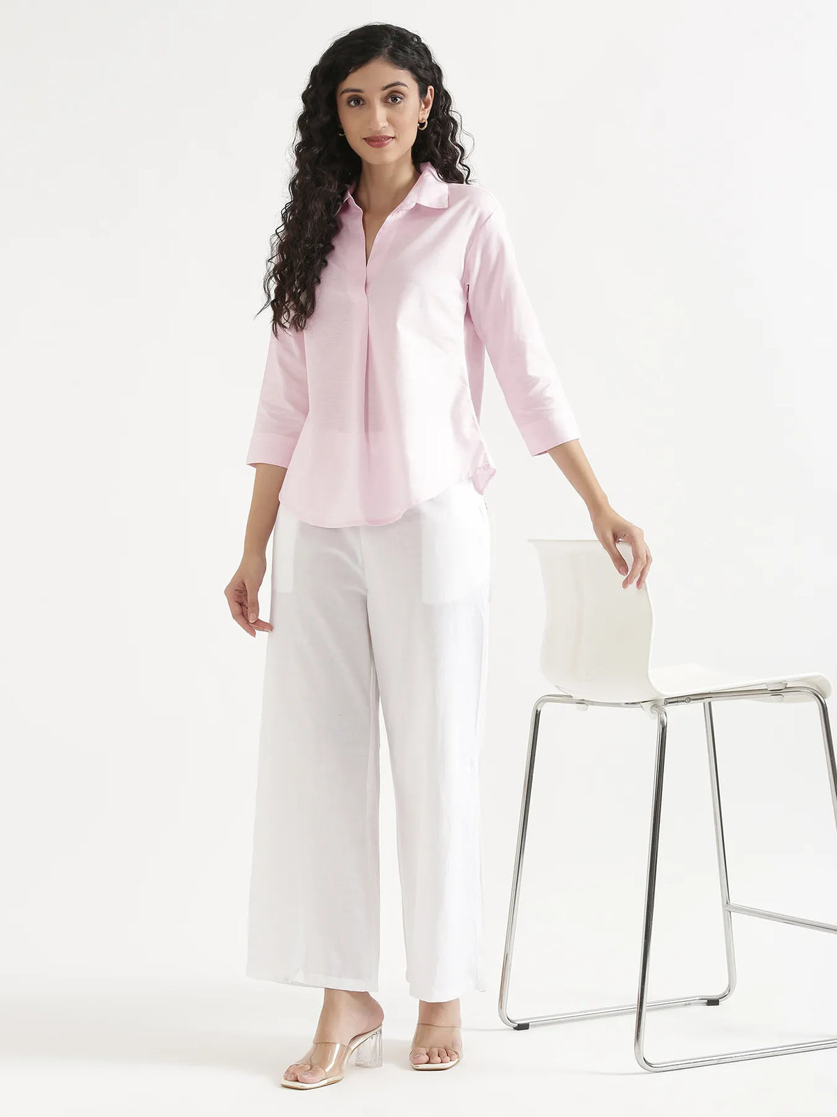 Women Blush Pink Linen Blend Pleated Top