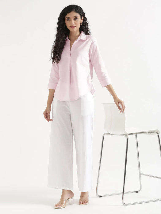 Women Blush Pink Linen Blend Pleated Top & White Airy Linen Wide Leg Pants Pant Set