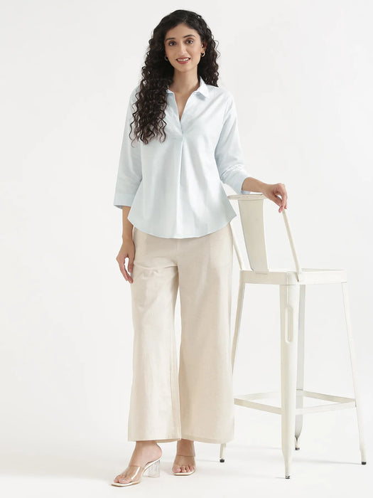 Women Powder Blue Linen Blend Pleated Top & Ecru Airy Linen Wide Leg Pants Pant Set