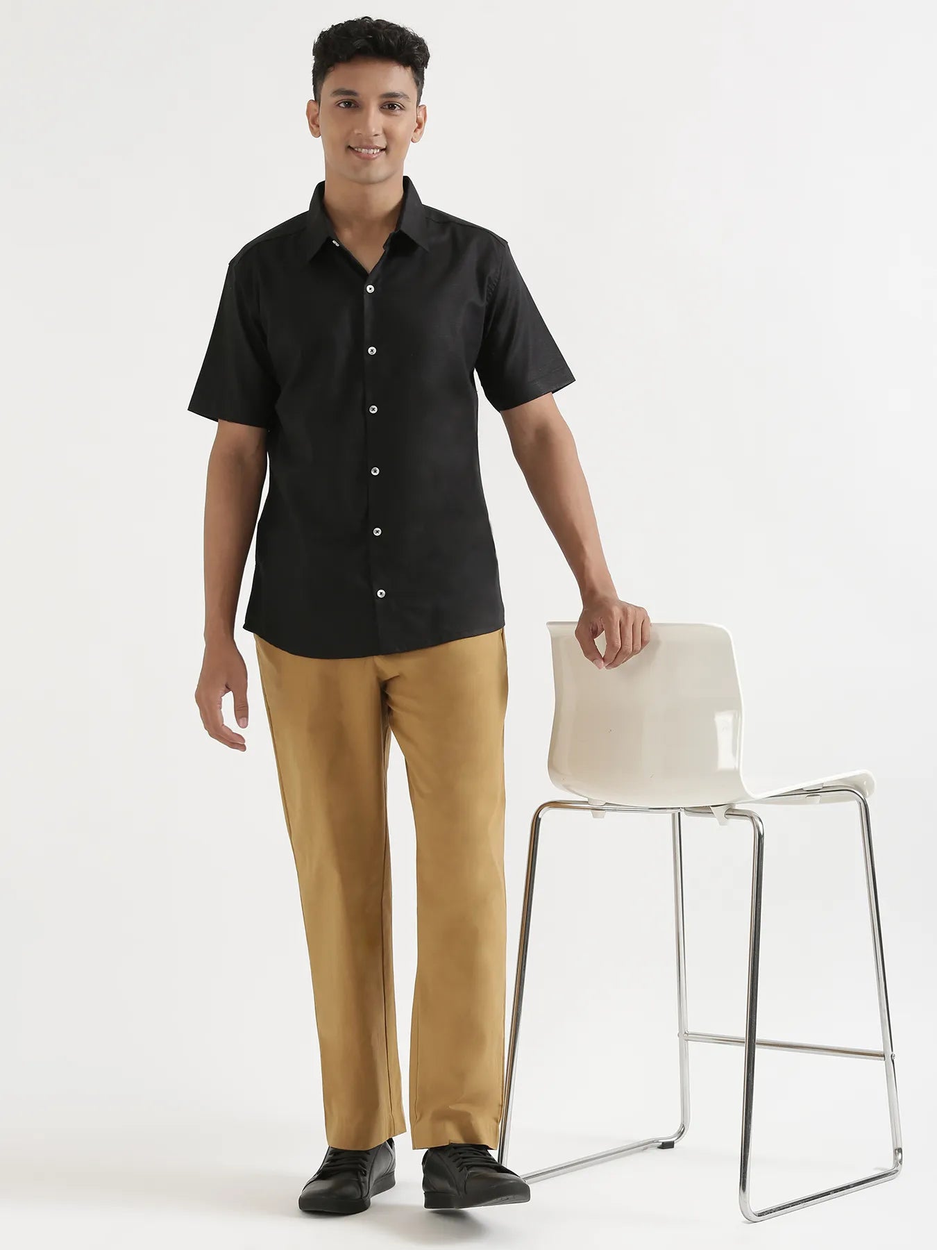 Men Black Linen Blend Short Sleeve Shirt