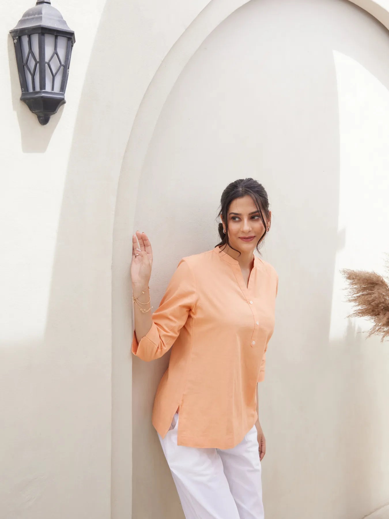 Peach Short Kurta with White Cotton Pant