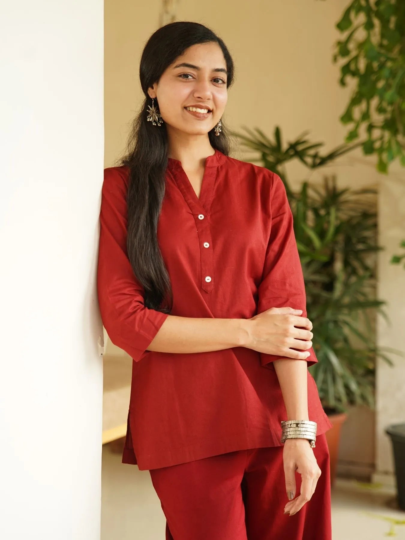 Maroon Airy Linen Short Kurta Co-ord Set
