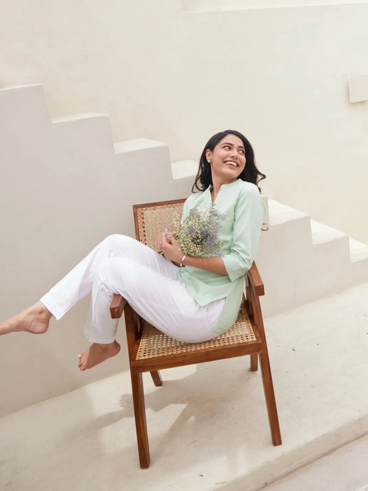 Mint Green Short Kurta with White Cotton Pant