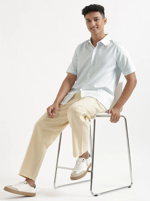 Men Powder Blue Linen Blend Short Sleeve Shirt & Beige Cotton Pant Set