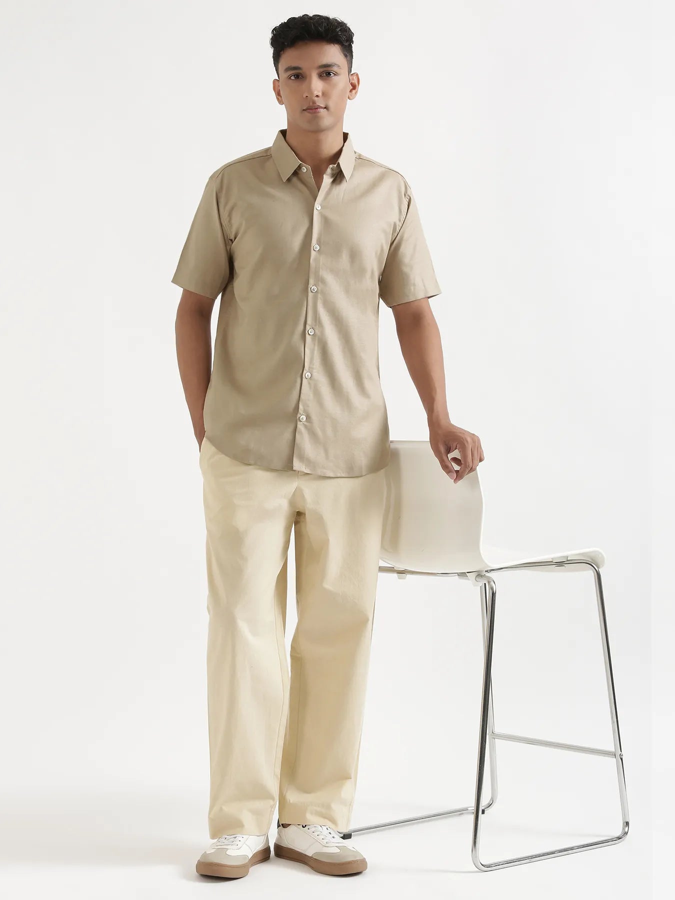 Men Taupe Linen Blend Short Sleeve Shirt & Beige Cotton Pant Set