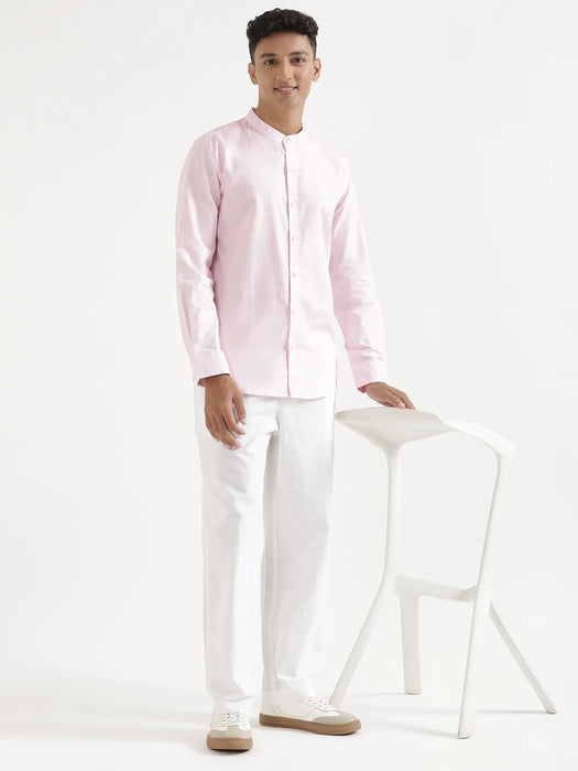 Men Blush Pink Linen Blend Mandarin Collar Shirt