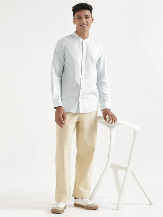 Men Powder Blue Linen Blend Mandarin Collar Shirt