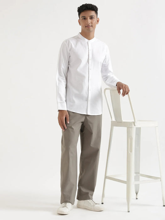 Men White Linen Blend Mandarin Collar Shirt
