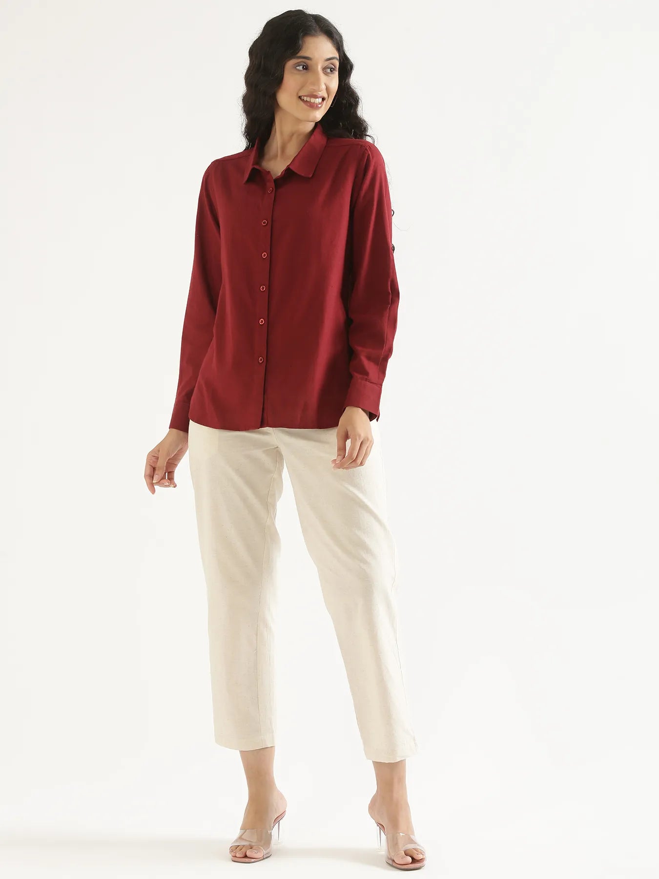 Women Maroon Airy-Linen Shirt