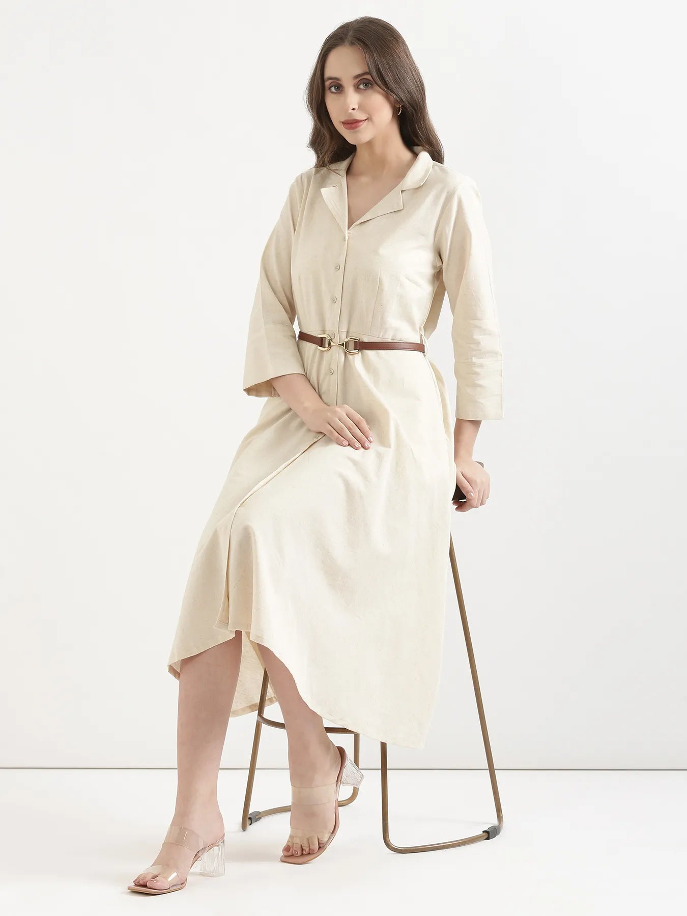 Women Ecru Airy Linen Flared Dress