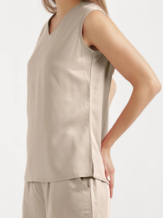 Women Taupe V-Neck Sleeveless Top