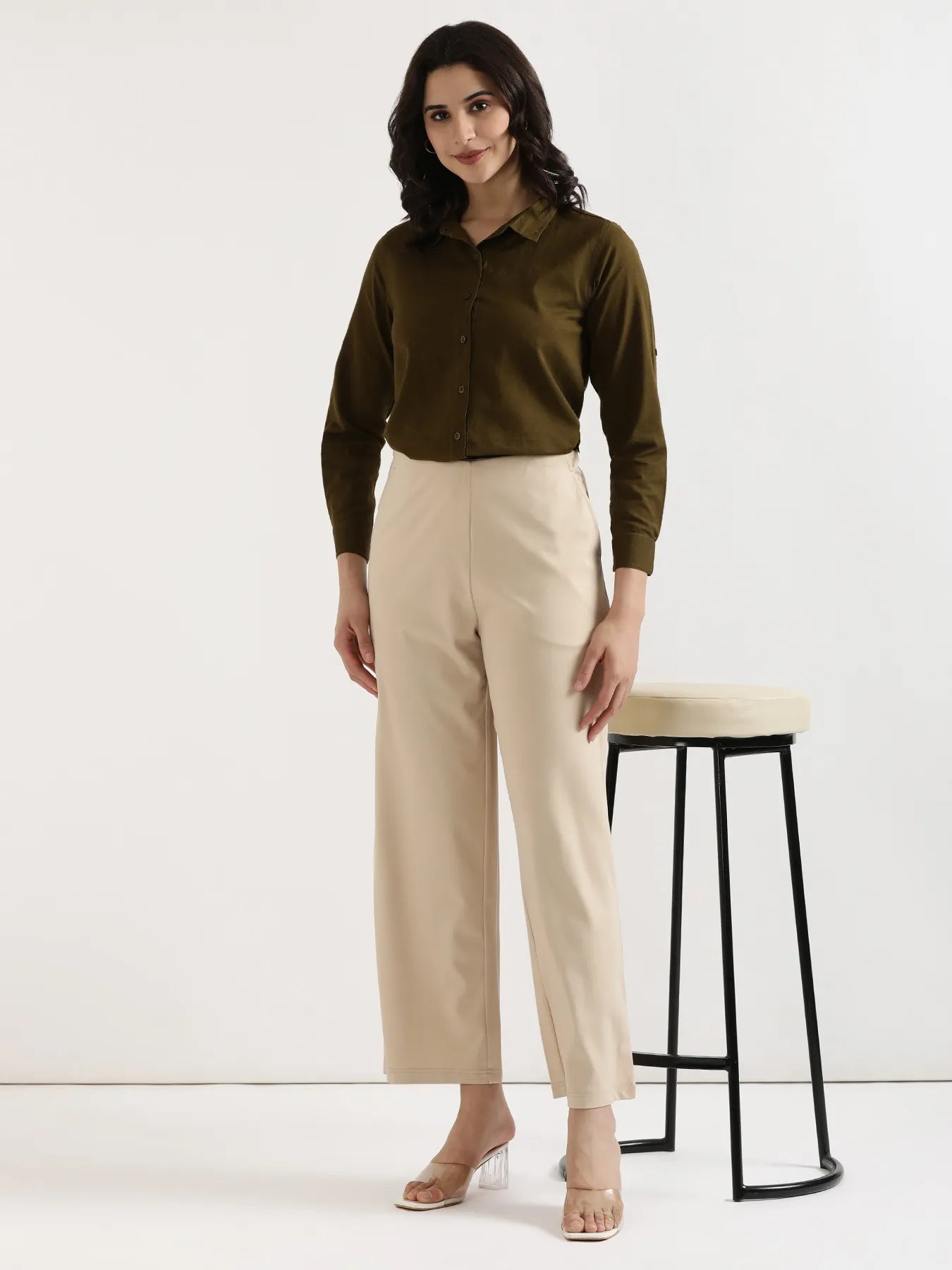 Women Beige Wide Leg Pants