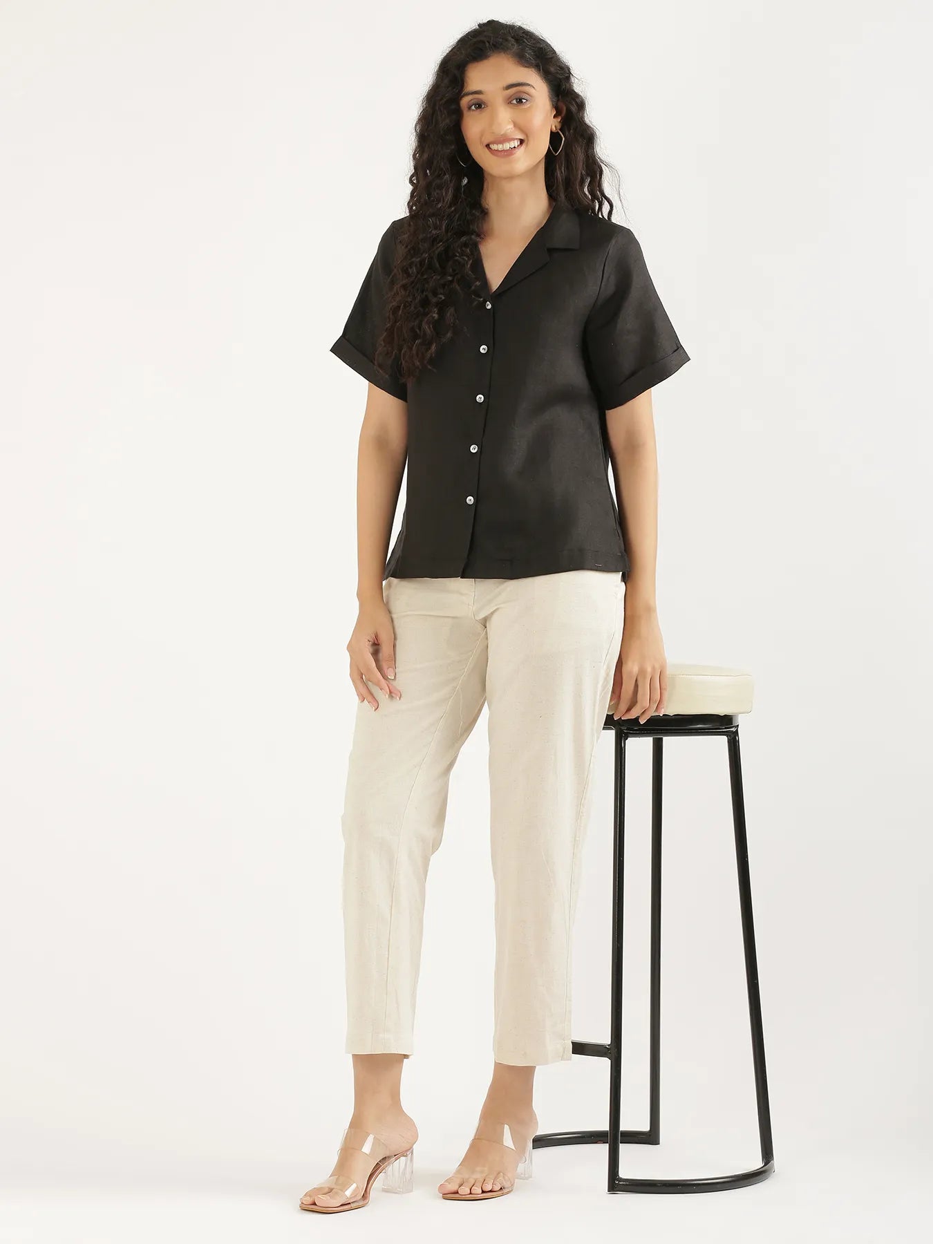 Women Black Pure Linen Notch Collar Shirt