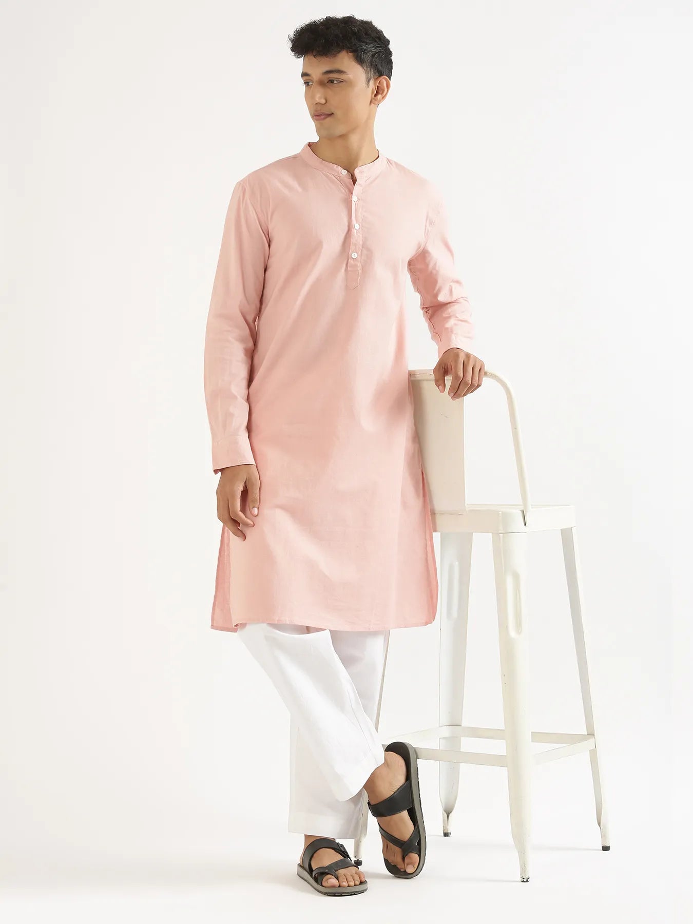 Men Salmon Pink Airy Linen Long Kurta