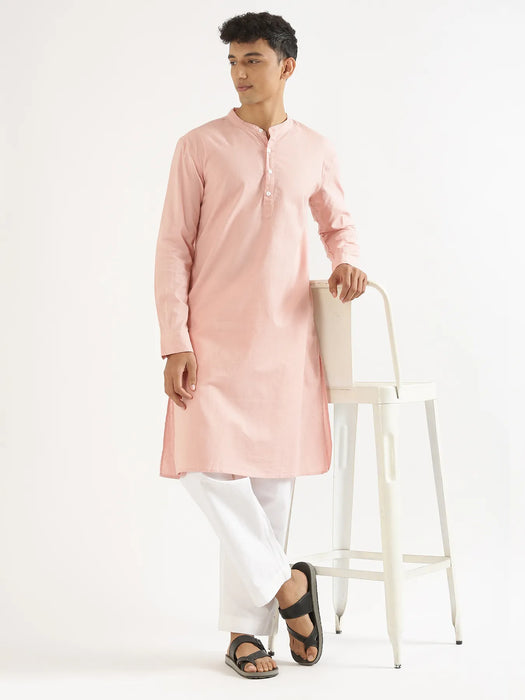 Men Salmon Pink Airy Linen Long Kurta
