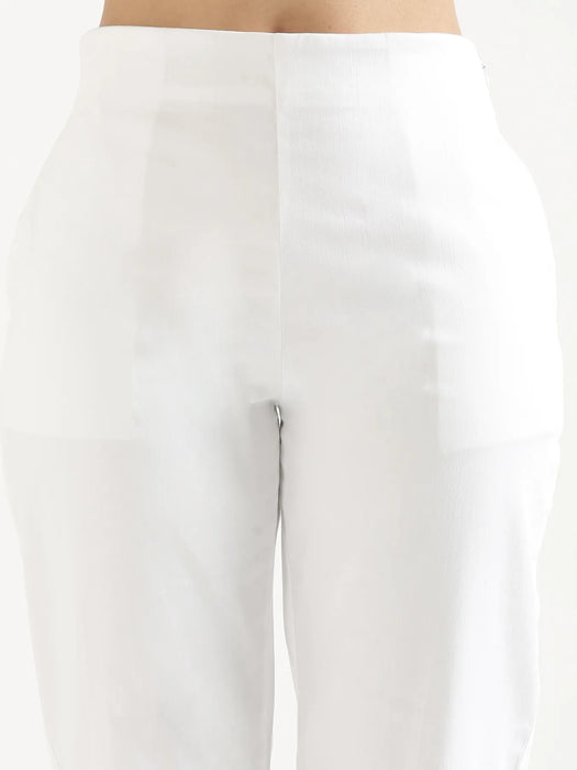 Women Olive Green & White Straight Fit Formal Pants