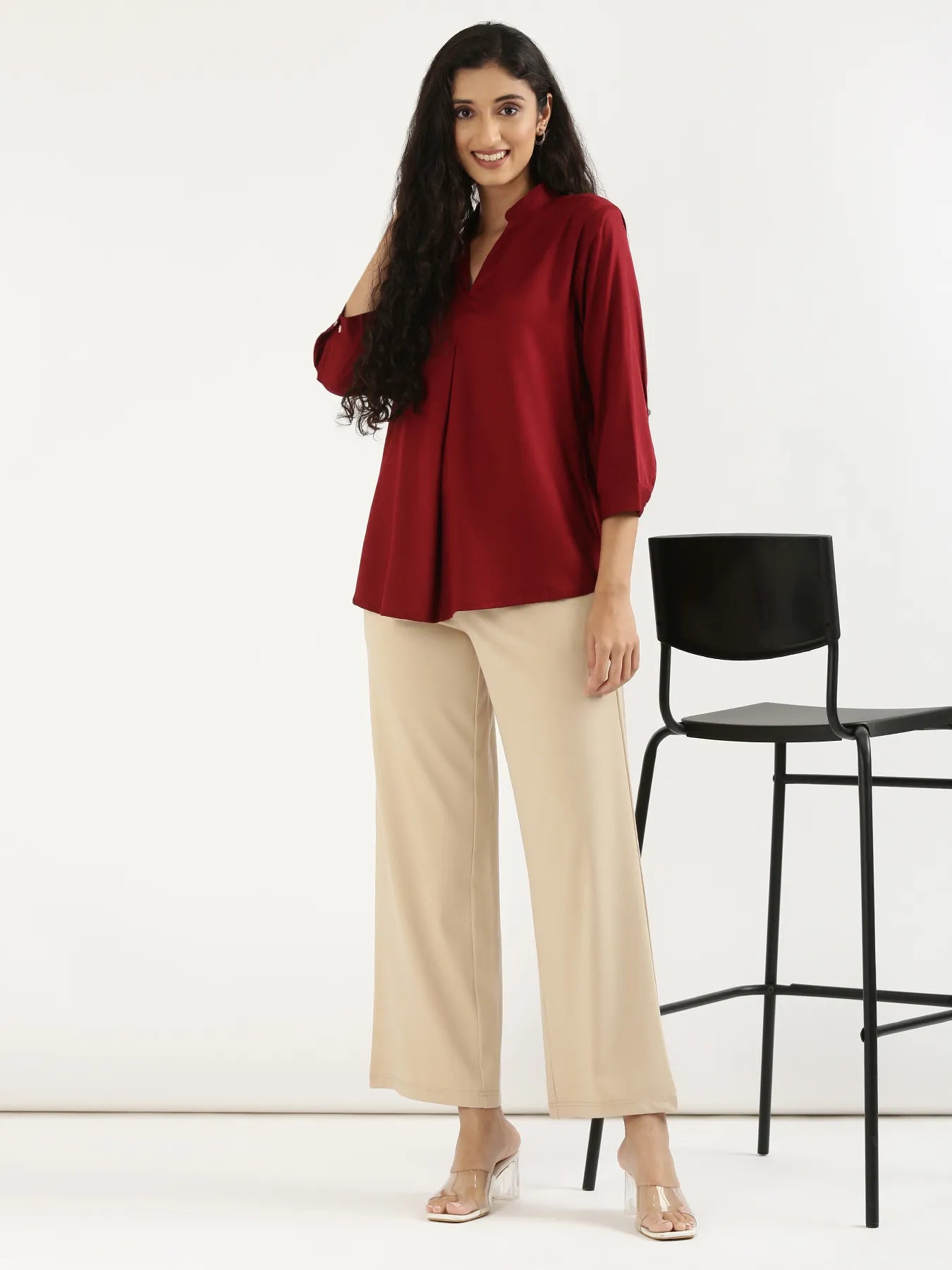 Women Maroon Viscose Pleated Top