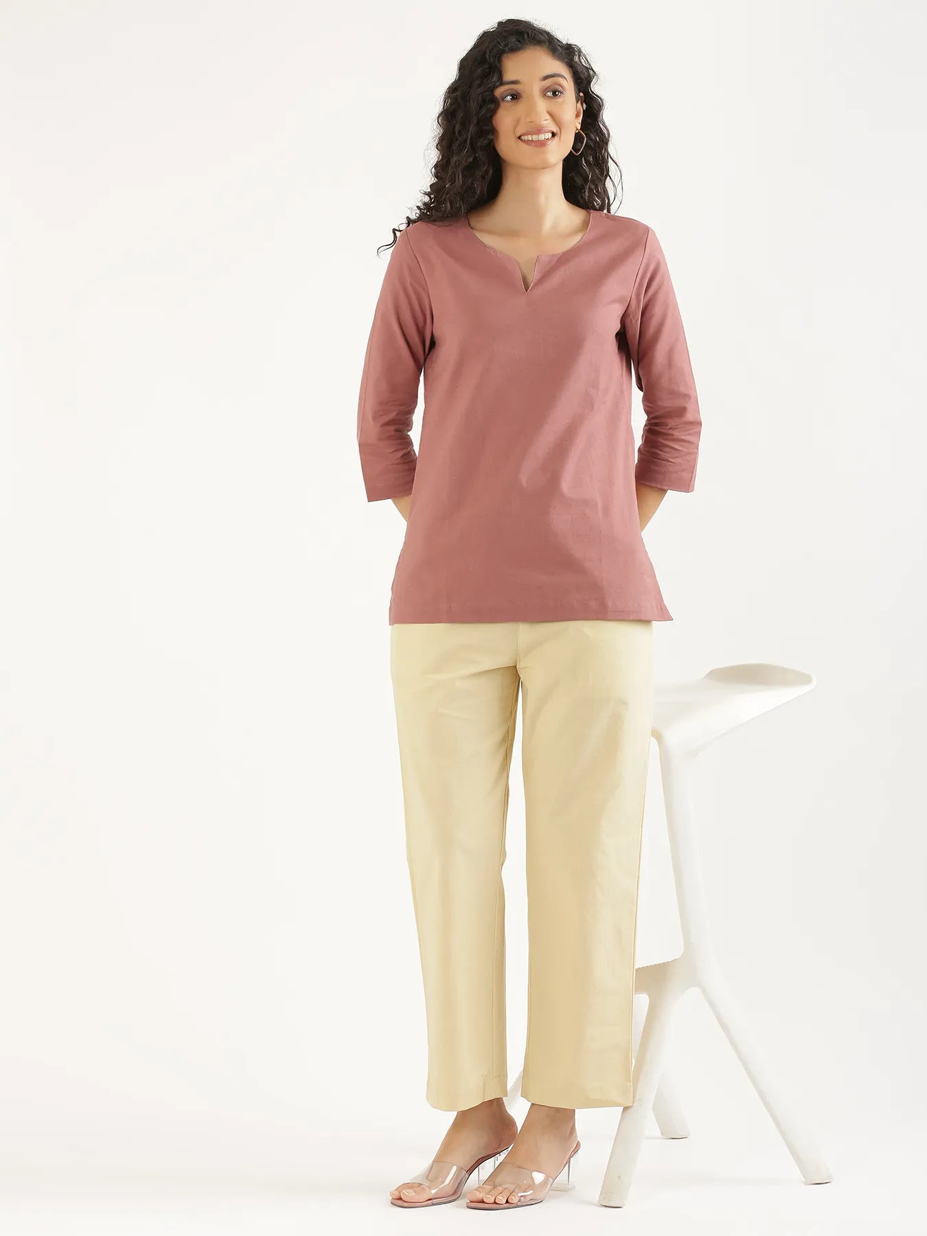 Women Rose Taupe Airy Linen Split Neck Short Kurta
