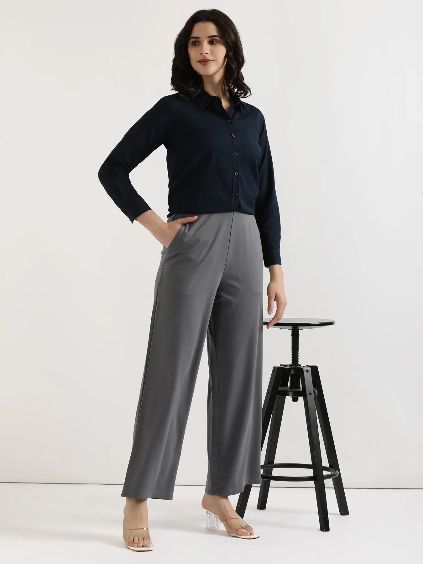 Women Cement Grey Wide Leg Pants