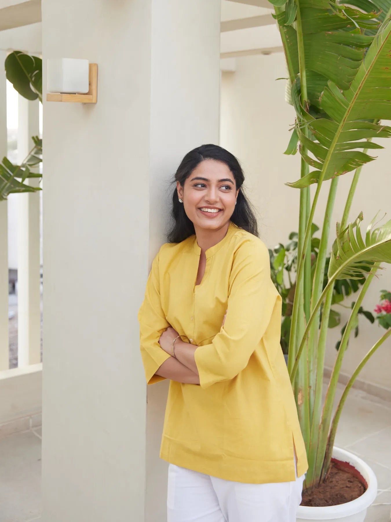 Yellow Short Kurta with White Cotton Pant