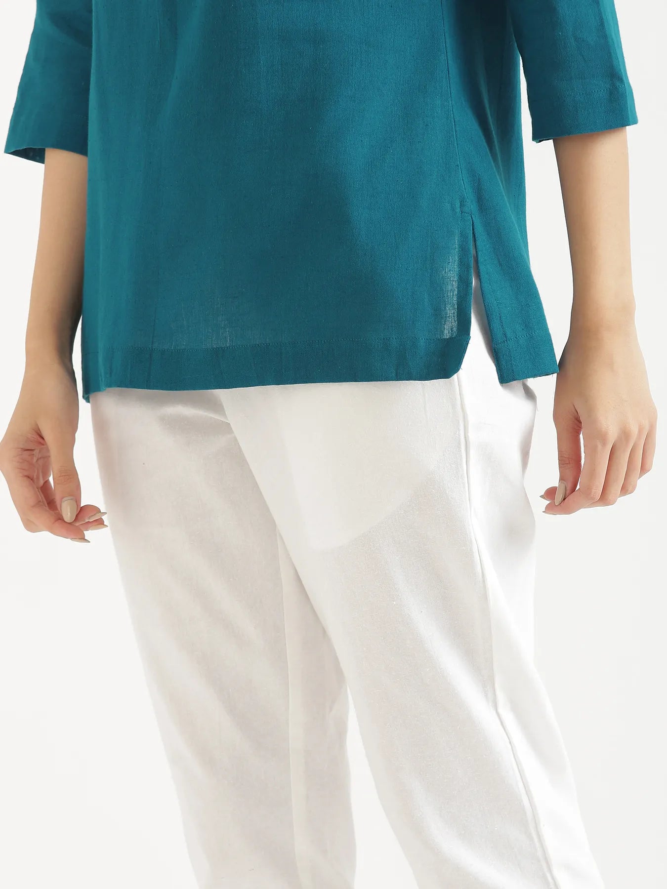Women Turquoise Airy Linen Short Kurta
