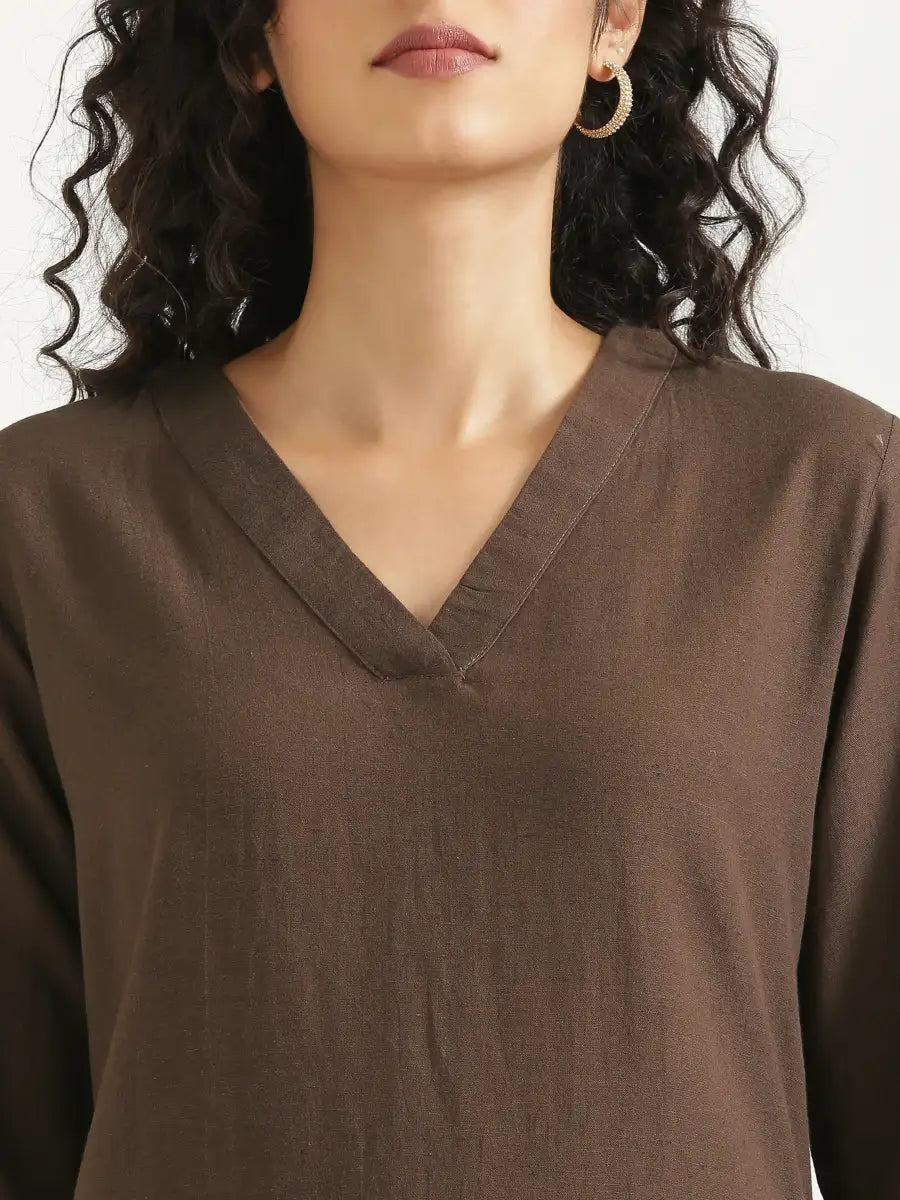 Women Dark Brown Flowy Linen A-Line Long Kurta