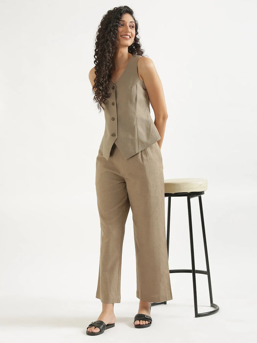Women Khakhi Linen Blend Waist Coat