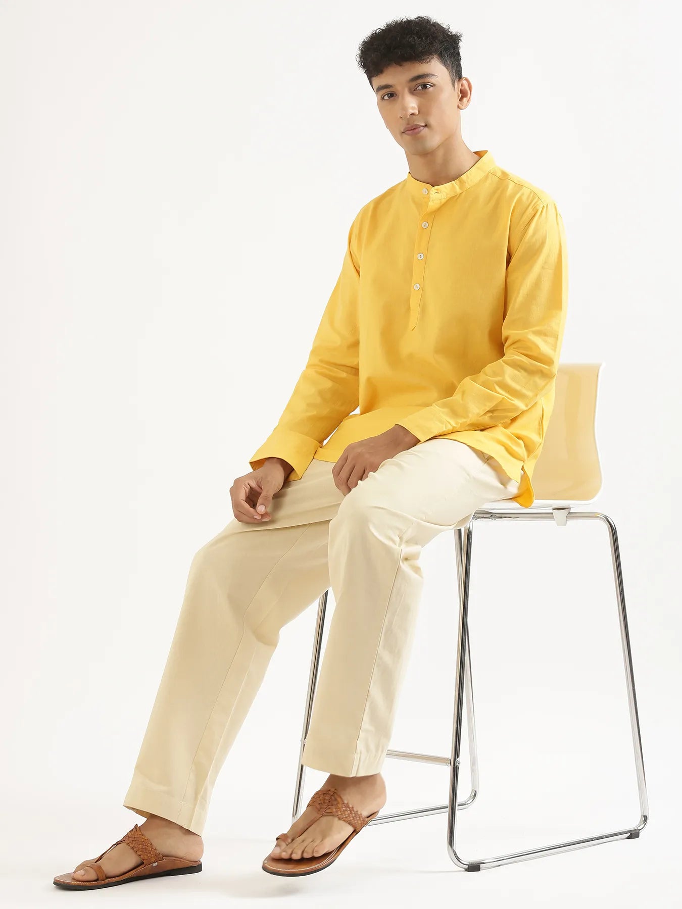 Men Yellow Airy Linen Short Kurta