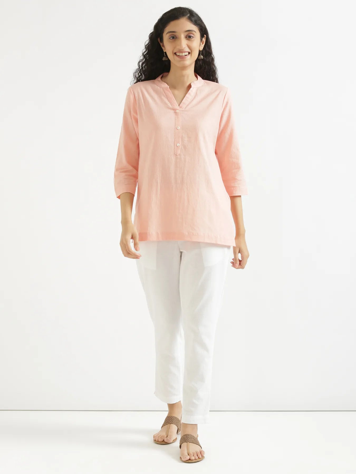 Women Peach Airy Linen Short Kurta
