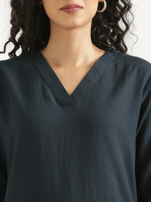 Women Navy Blue Flowy Linen A-Line Long Kurta
