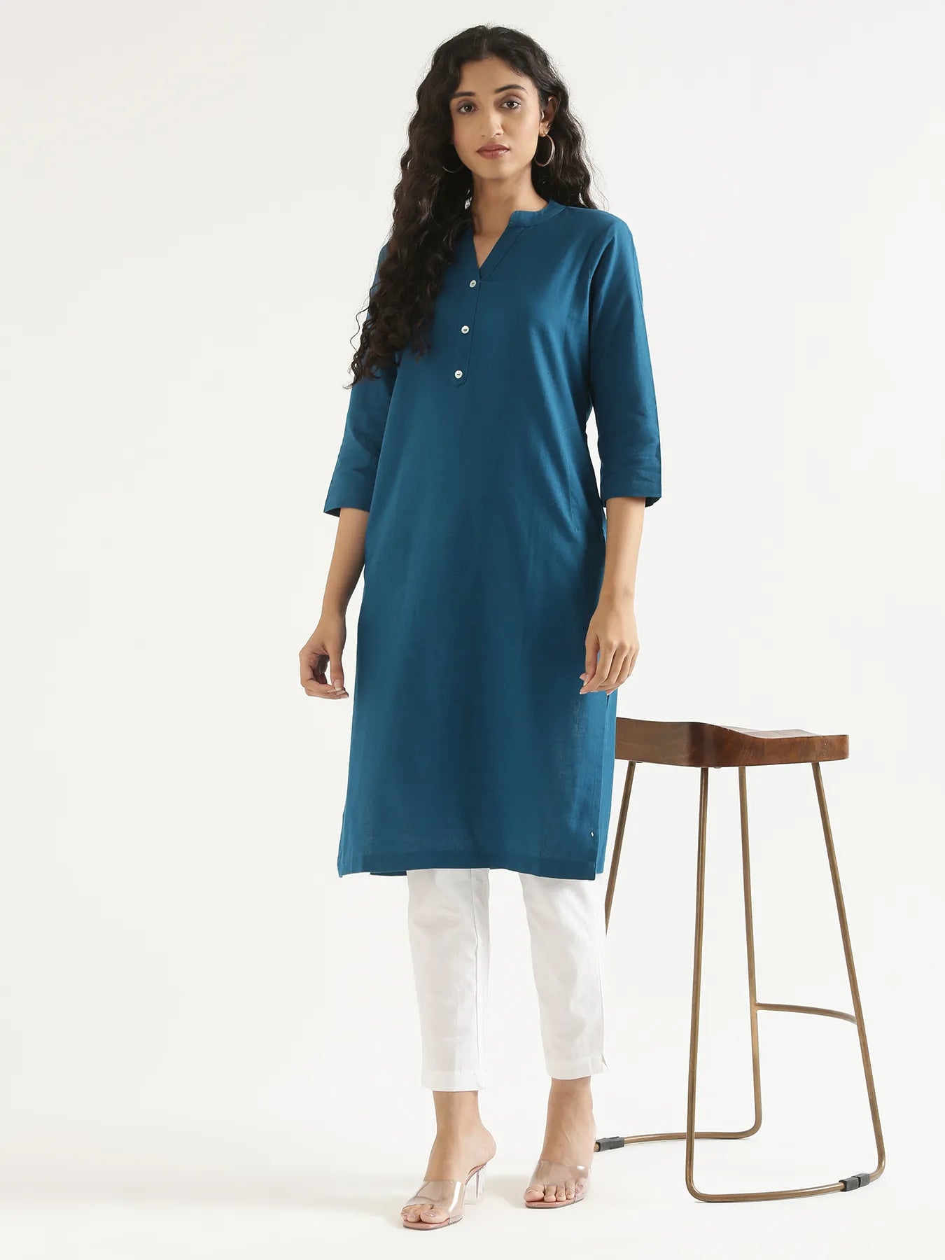Women Turquoise Airy Linen Long Kurta