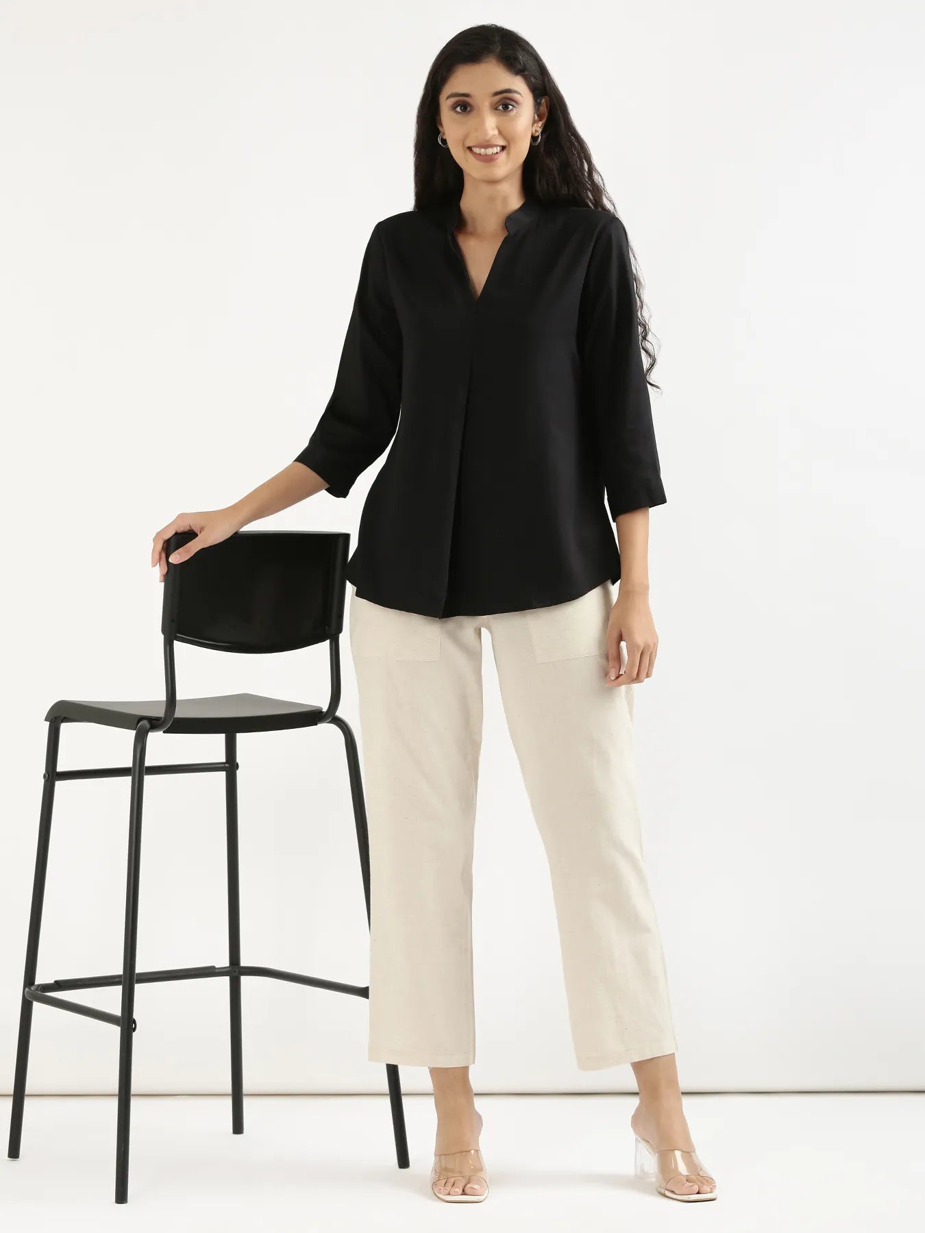 Women Black Viscose Pleated Top
