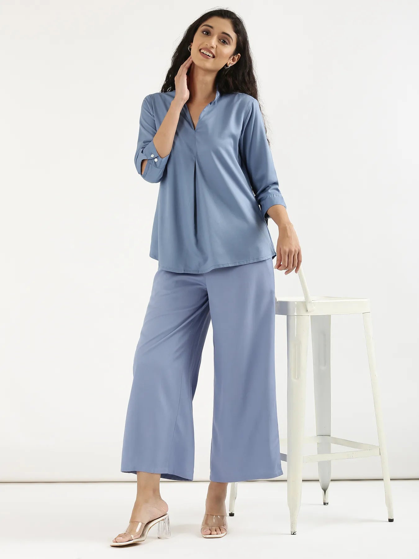Women English Blue Viscose Pleated Top
