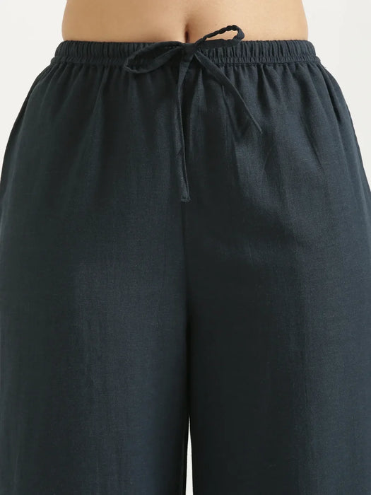 Women Navy Blue Flowy Linen Pant Set